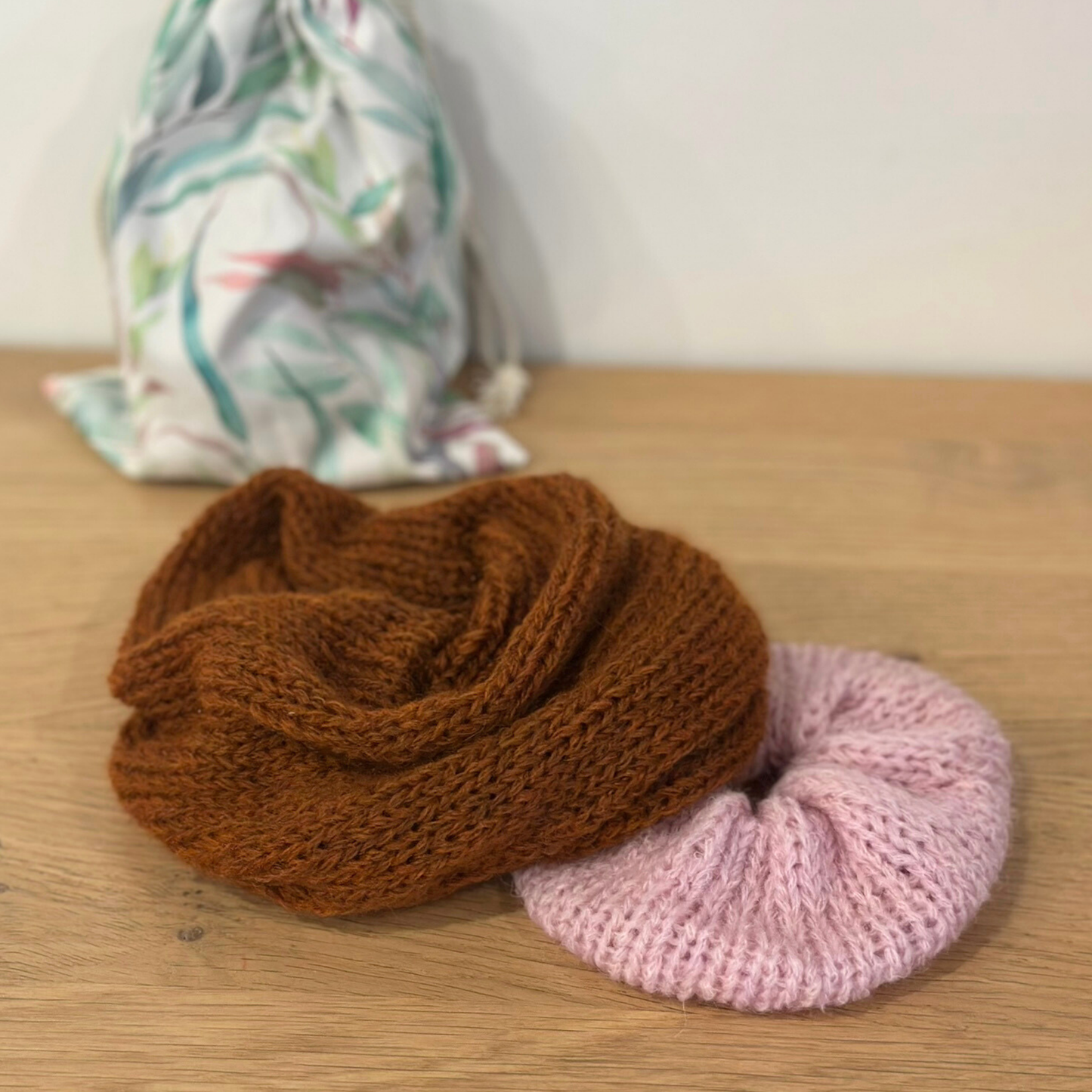 Handmade Knit Scrunchie Gift Set – Merino & Alpaca | Australian Native Bloom Collection | Reusable Cotton Gift Bag